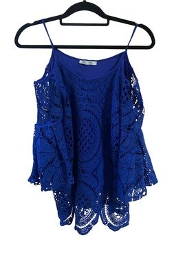 She + Sky Royal Blue Crochet Camisole with Scalloped Hem